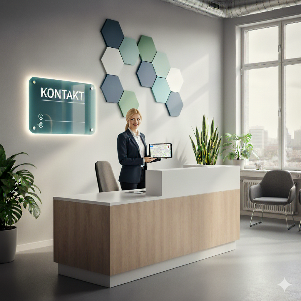 Eine Rezeption mit einer weiblichen Person und im Hintergrund ein Schild zum Kontaktieren von den Online-Helfer