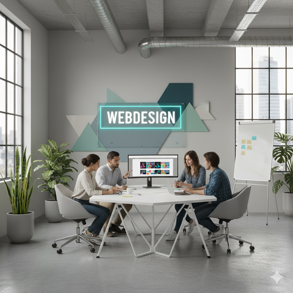 Ein Gruppe Menschen sitzen am Tisch zum Thema Webdesign