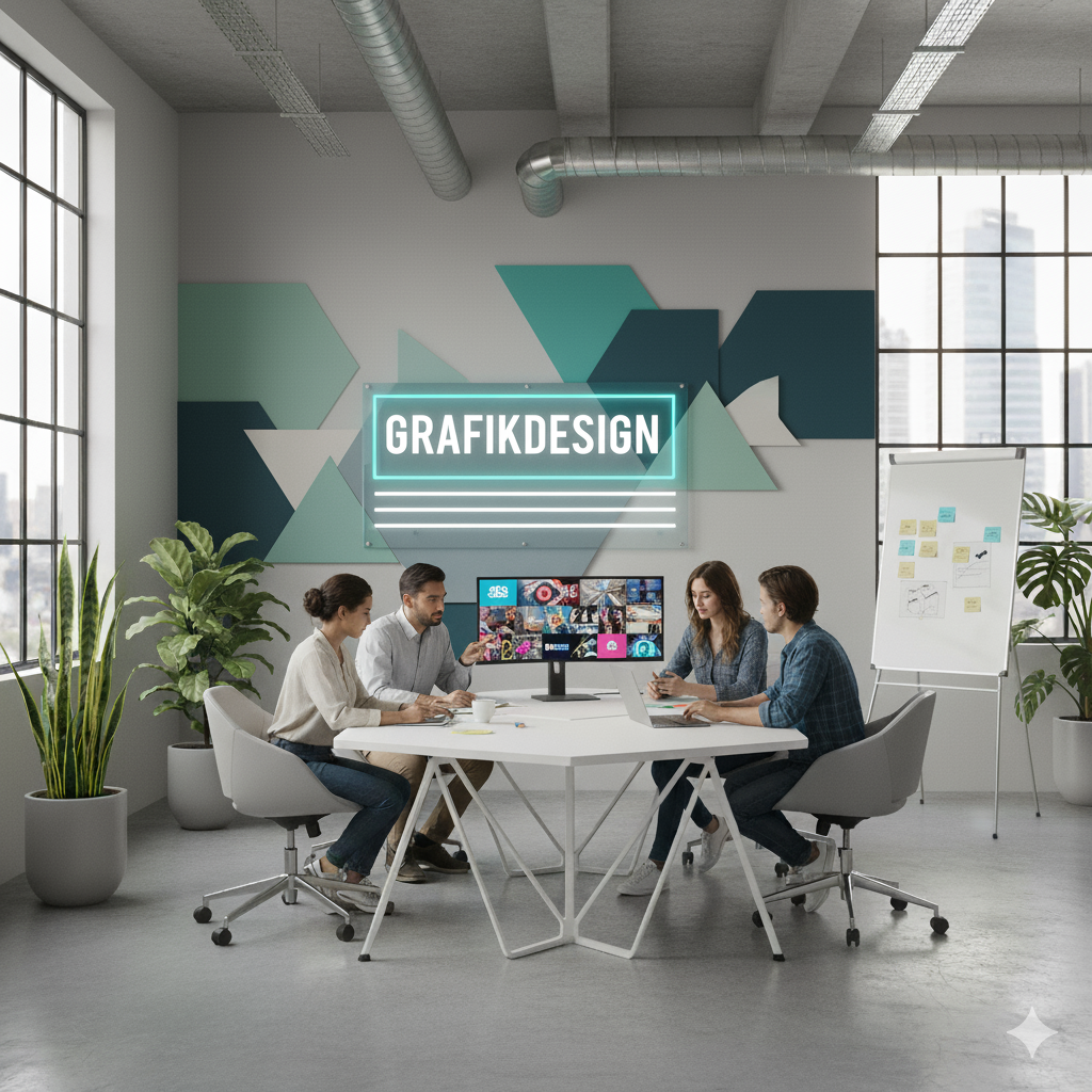 Ein Gruppe Menschen sitzen am Tisch zum Thema Grafikdesign